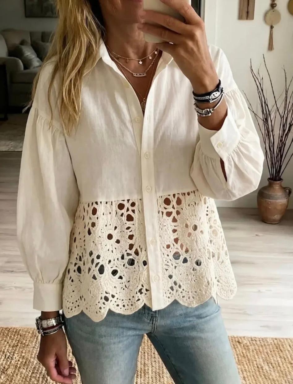 Women Lapel Long Sleeve Blouse Floral Lace Patchwork Loose Casual Elegant Top S
