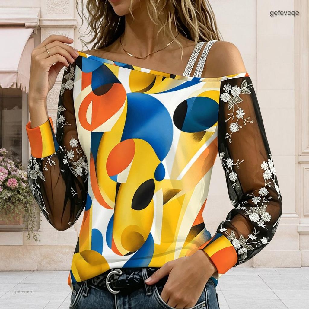 Women Plus Size Asymmetric Cold Shoulder Long Sleeve Geometric Printed Sheer Floral Mesh T Shirt