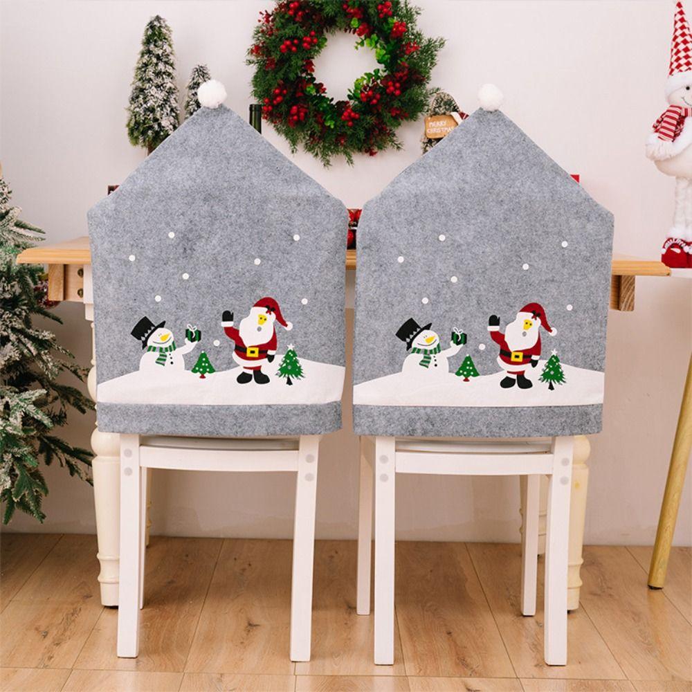 Non-woven Christmas Hat Chair Cover Grey Chair Slipcovers Protectors Xmas Dinner Chair Seat Cover Removable Santa Claus Snowman