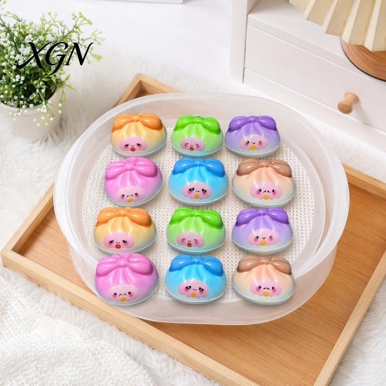 Portable Stress Reliever 12Pcs Cartoon Bow Dumpling Squeeze Toy with Steamer Box, Slow Rebound Decompression Steamed Bun Sensory Toy, Dough