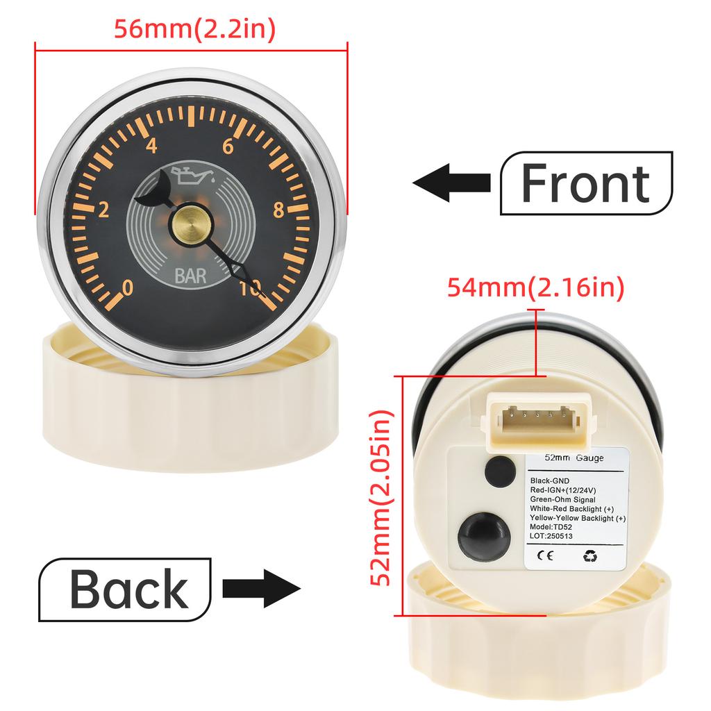 ZMFJH Yellow/Red LED 2"52mm Oil Pressure Gauge with Sensor Retro Vintage 0-10Bar Oil Press Meter Indicator for Car Boat Yacht