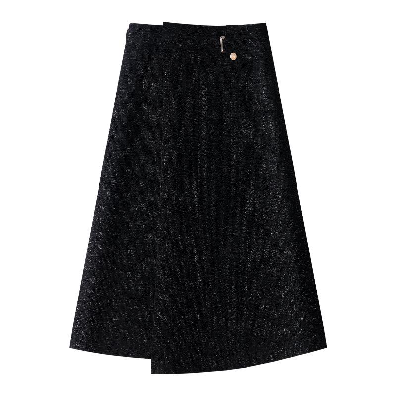 

Women s Black Wool A-line Midi Skirt with Irregular Hem for Autumn/Winter 2024 2XL