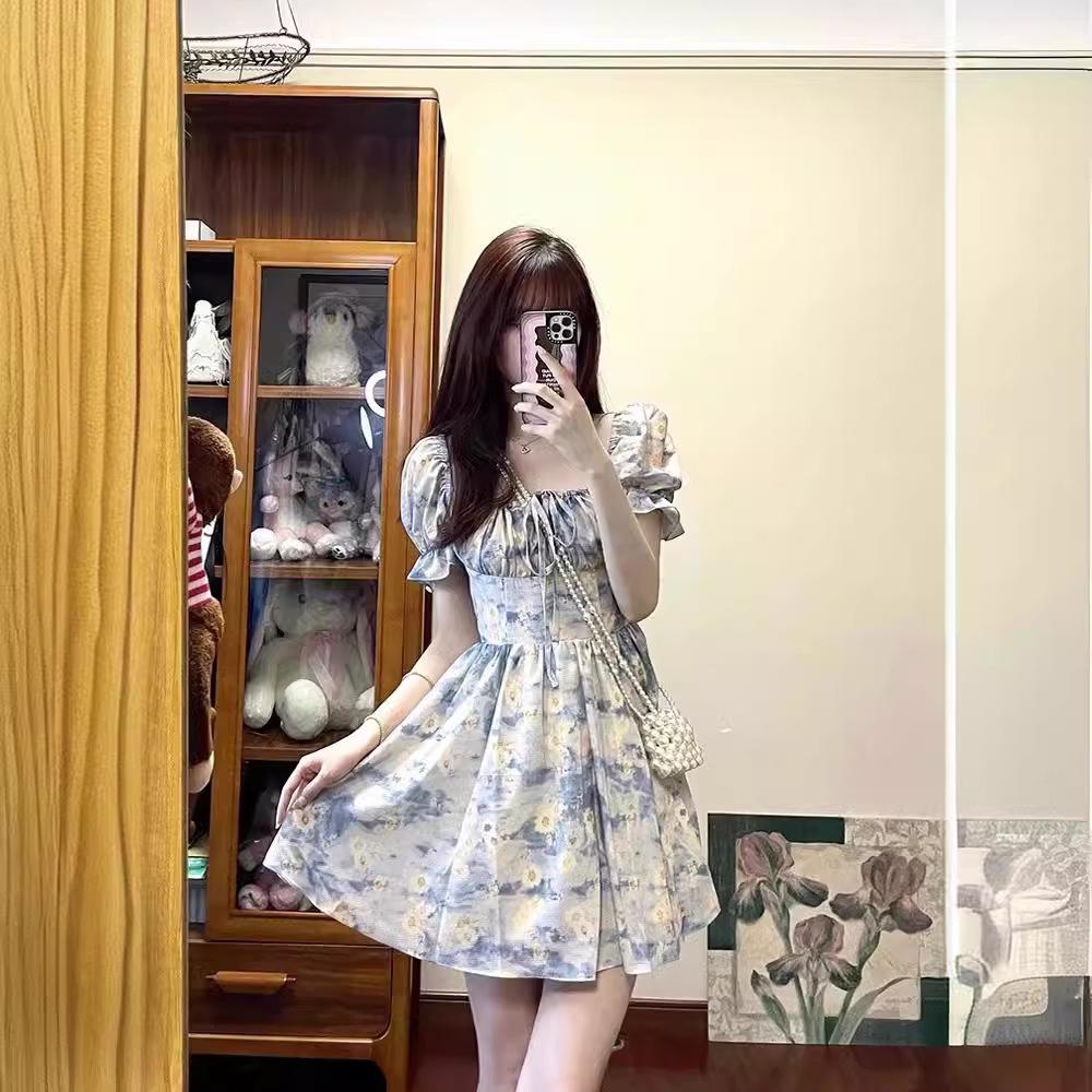 Summer 2024 Floral French Square Neck Puff Sleeve Dress - Women's Short Skirt Trend