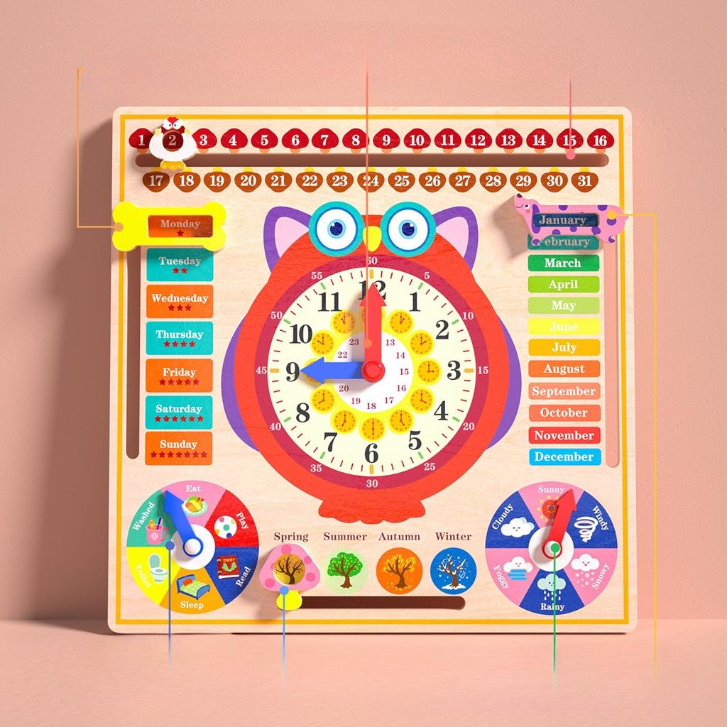 6 In 1 Kids Calendar Clock Board Wooden Building Block Clock Puzzle Puzzle Baby Time Weather Cognition Early Education