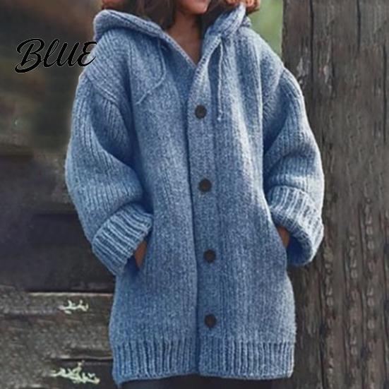 Vielseitiger Damen Pullover Jacke Mantel Mit Kapuze Kordelzug Langarm Einzelknöpfig Einfarbig Gestrickt Mittellang Oberbekleidung Locker Sitzend Cardigan