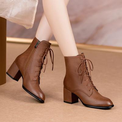 Modische Stiefeletten Elegant mit Mittelhohen Absätzen Frau Kurze Schuhe Schnürsenkel Schnürstiefeletten für Damen Braun Spitze Zehenpartie im Angebot Schuhe