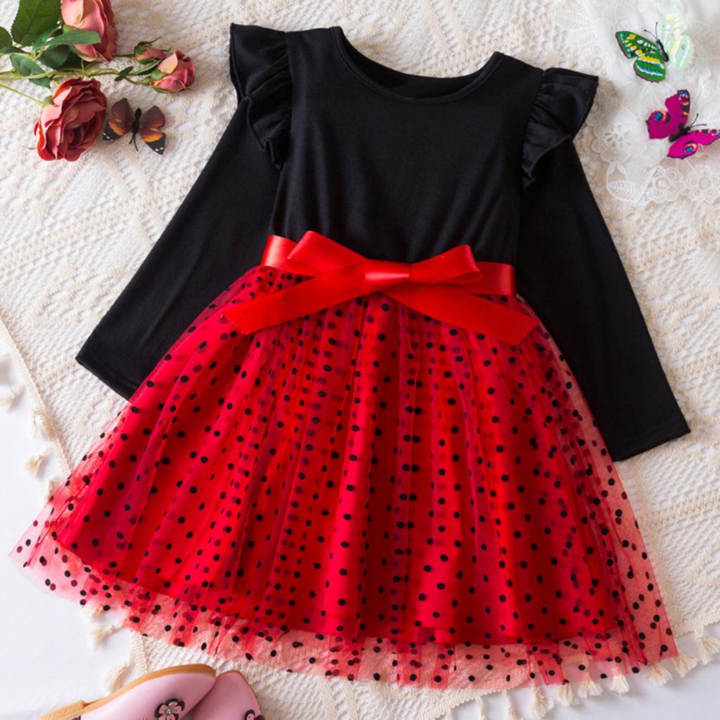 Girls Fashion Cute Long Sleeve Flying Sleeve Dot Mesh Princess Dresses Dresses