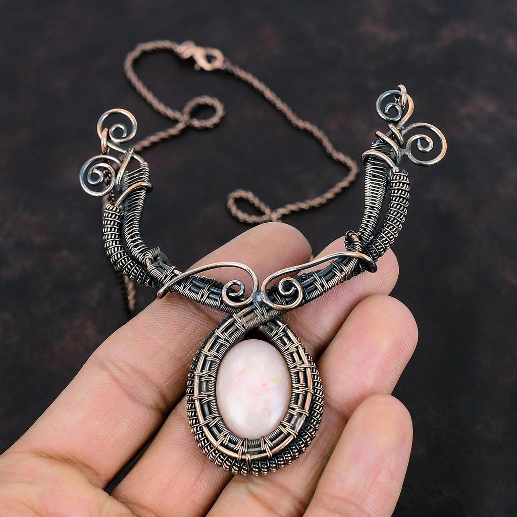 Pink Opal Necklace Copper Wire Wrapped Necklace Handmade Copper Jewelry Dainty Necklace Gemstone Necklace Wire Wrapped Jewelry Wedding Gifts