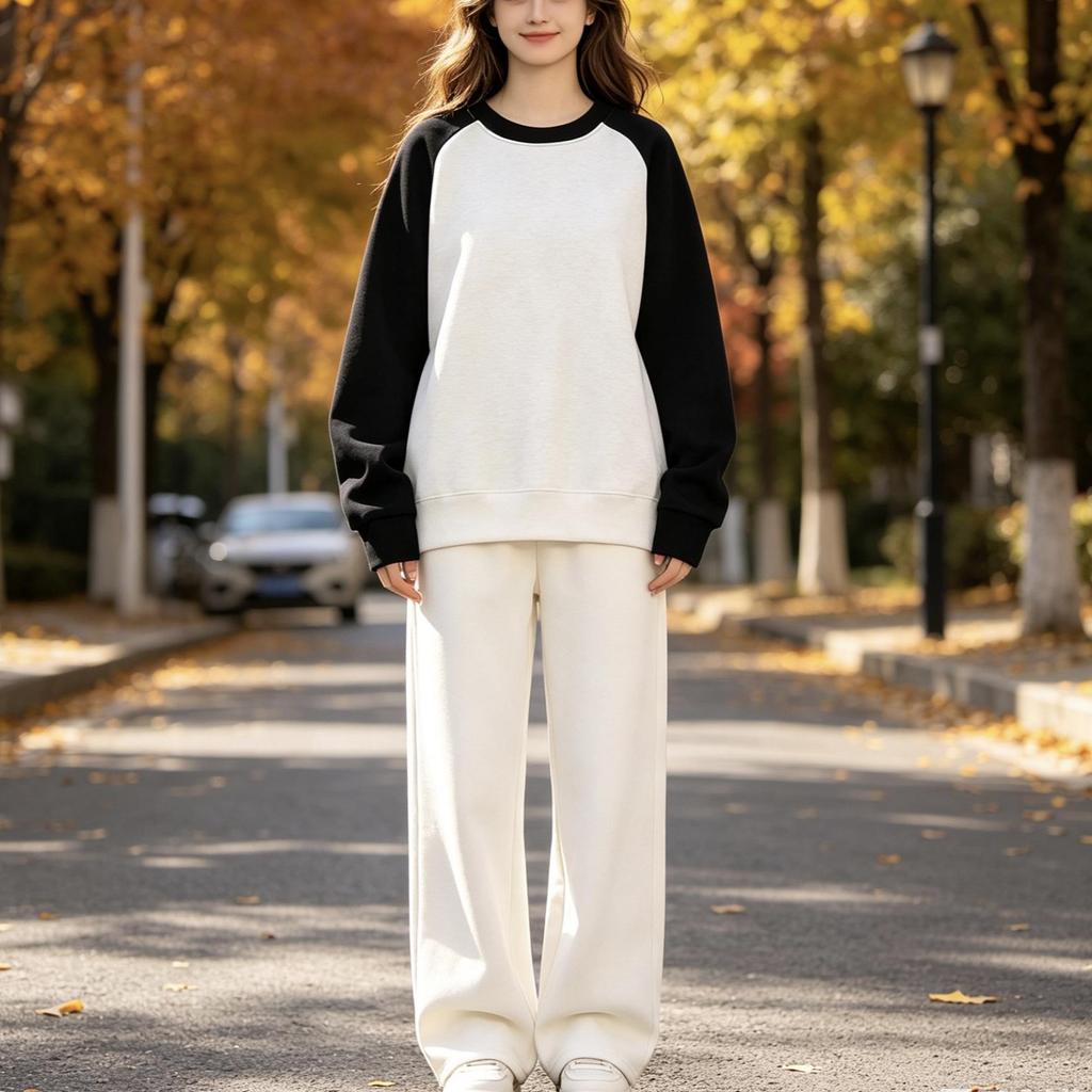 300g Heavyweight Color Block Round Neck Sweatshirt with Loose Shoulders and Long Sleeves