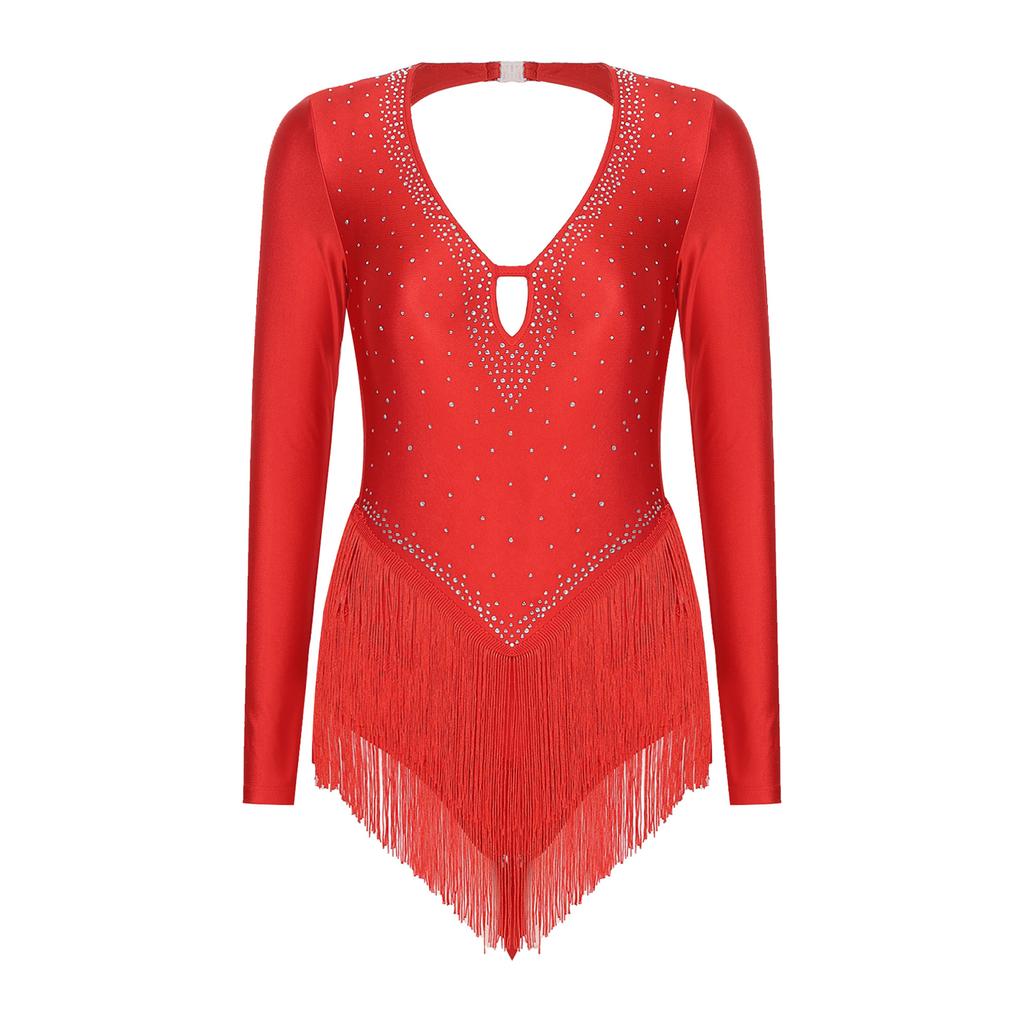 Body de Baile Latino Brillante con Pedrería para Mujer Cuello en V Profundo Manga Larga Leotardo con Flecos Espalda Descubierta Disfraz de Actuación