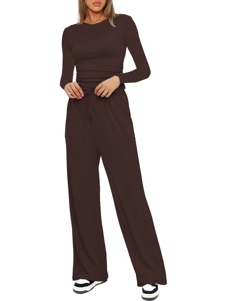 Kardashian Style Comfy Wide-Leg Tie-Up Set with Long Sleeves