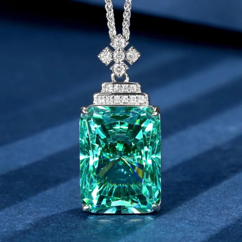 

Vintage Paraiba Like Teal Green Stone Pendant Necklace Emerald Cut Rectangle Cubic Zirconia Statement Jewelry with Cross Accent зеленый цвет-серебро