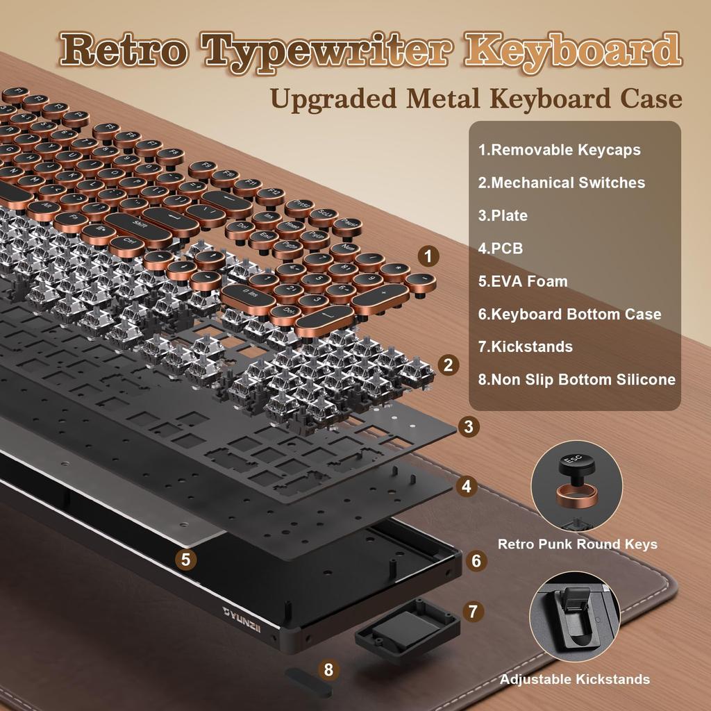 YUNZII QL108 Typewriter Mechanical Gaming RGB Metal Panel Round USB Wired Connection Onyx Keyboard, Full-Size, Hot-Swappable, Backlit, & Retro-Punk