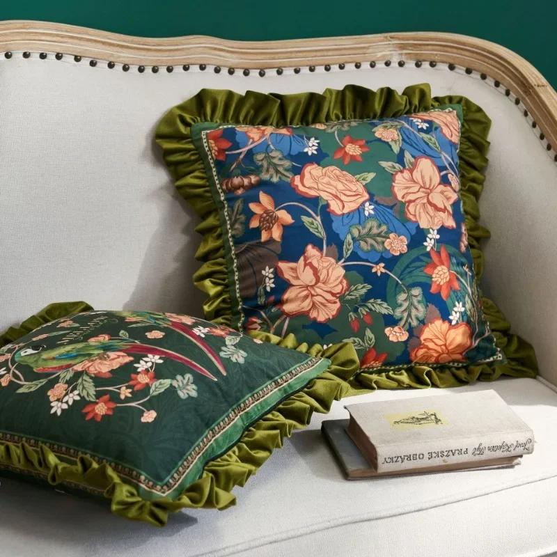 Parrot Print Cushion Case, Flora Bird Pillows, Luxury Velvet, Decorative Pillow Cover for Sofa Chair, Modern Living Room, Home D