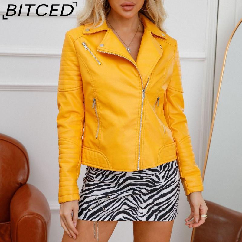 BITCED Spring/Autumn Short-Length Leather Jacket for Women Slim-Fit Collared Biker Jacket with Diagonal Zipper