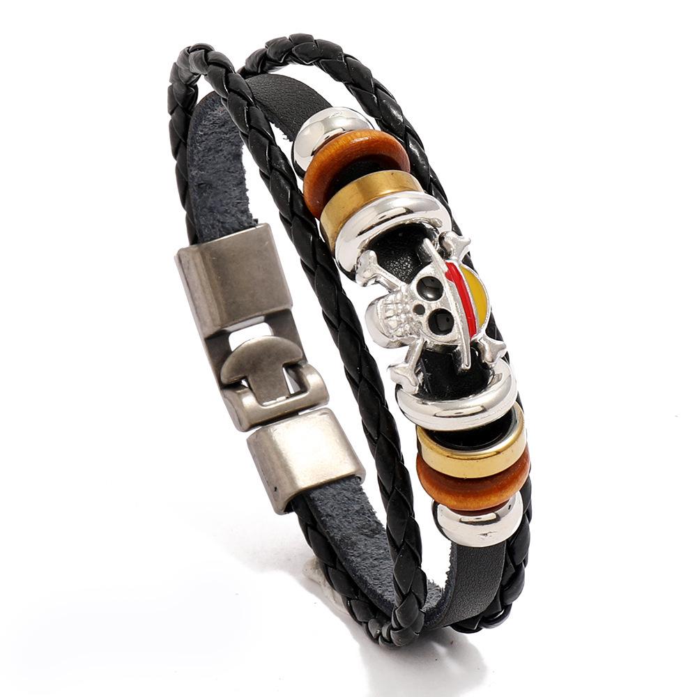 Men s Multi-layer Skull & Cowhide Leather Bracelet with Buckle чёрный