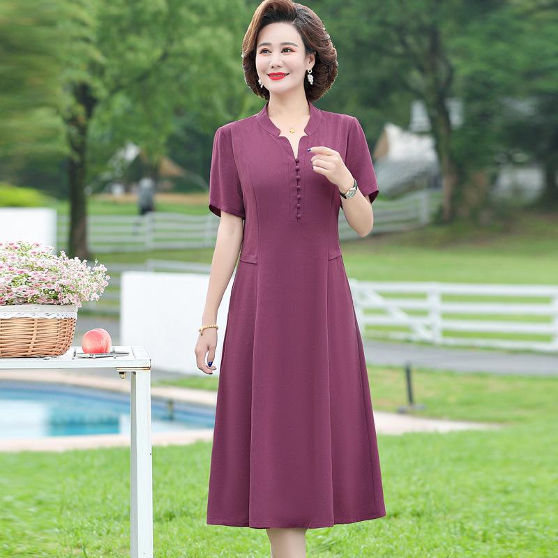 Mom's Plus Size Mid-Length Short-Sleeved Dress - Summer 2025 Elegant Style for Middle-Aged & Elderly Women