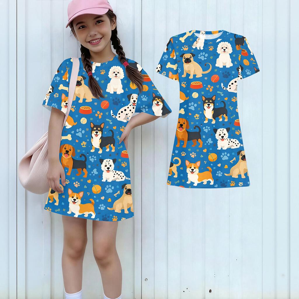 Girls Print Casual Dress Kids Loose Round Neck Short Sleeve Thin Sundress