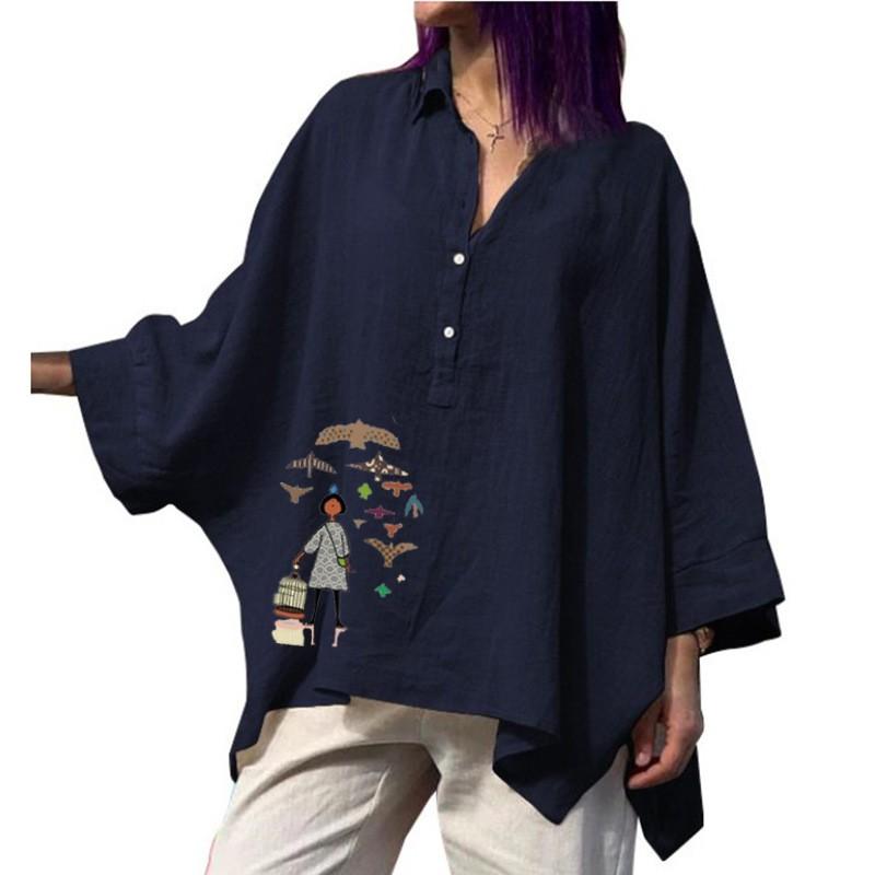 

1PC V-образный вырез свободные хлопковые и льняные повседневные топы одежда блузка рубашки большого размера принтованный пуловер женская мода M