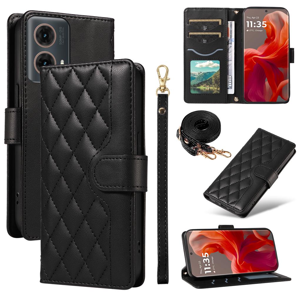 For Motorola Edge 50 Fusion 5G Case Wallet Rhombus Leather Phone Cover with Shoulder Strap,Wrist Strap