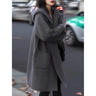 Autumn New Single Breasted Hooded Knitted Sweater Jacket Women Long Sleeve Slim Mid Length Loose Cardigans Women Solid Fashion Winter Cardigan 25636
