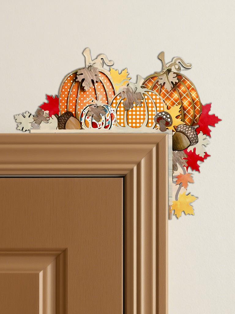 Autumn Pumpkin Door Topper Decor, Colorful Wooden Pumpkins & Leaves Design, Harvest Festival Bedroom Living Room Home Decoration