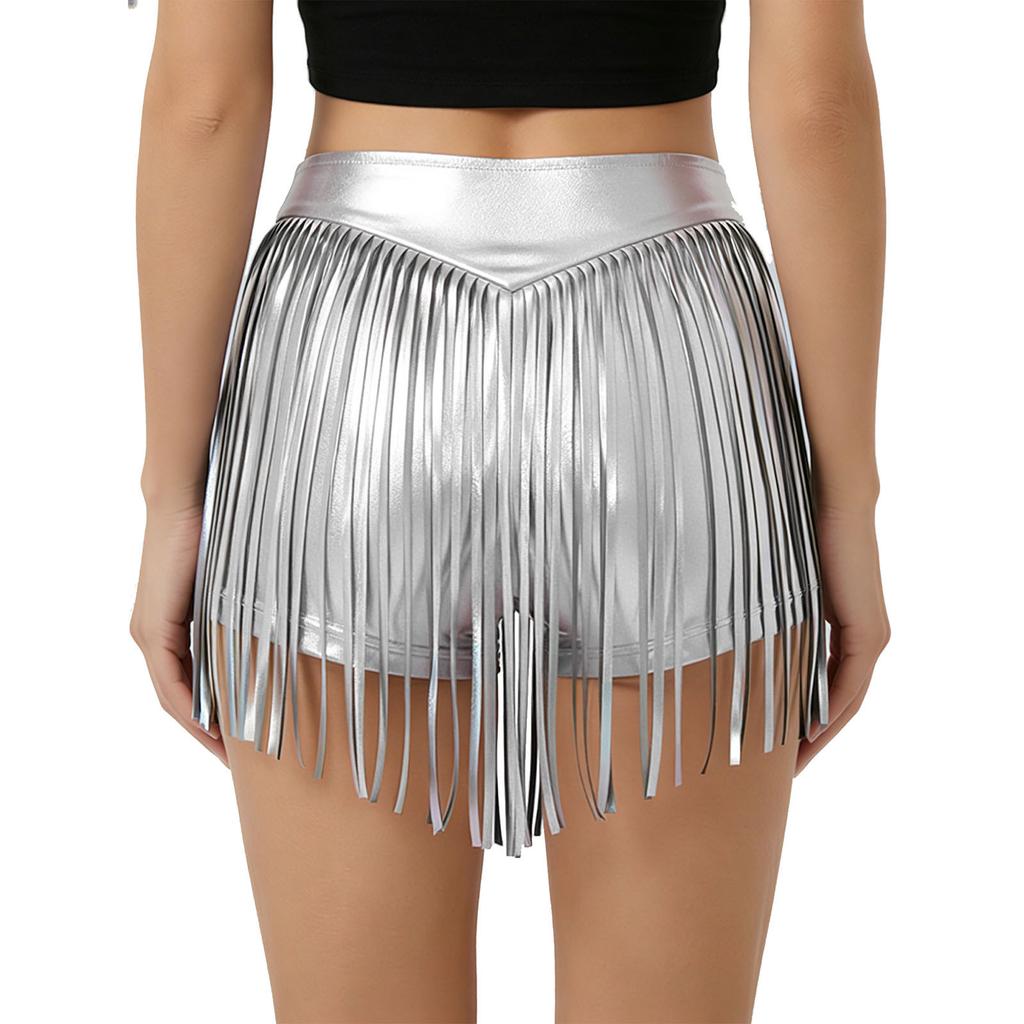 Damen Schimmernde Metallische Hotpants Hohe Taille Quaste Fransen Booty Shorts Freche Shorts