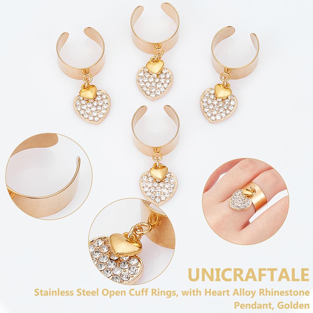 304 Stainless Steel Open Cuff Rings, with Heart Alloy Rhinestone Pendant, Golden, Inner Diameter: 17~18mm, 4pcs/set
