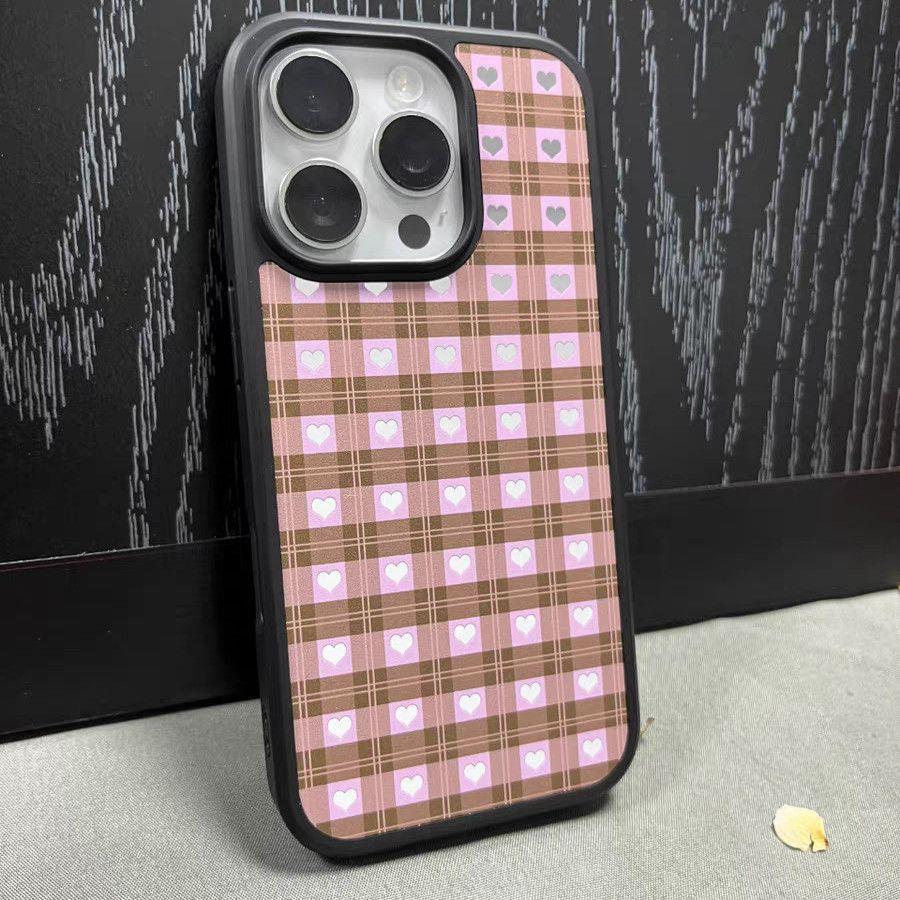 Color plaid love Apple 11promax mobile phone case 11pro plaid large hole black edge glass anti-drop simple