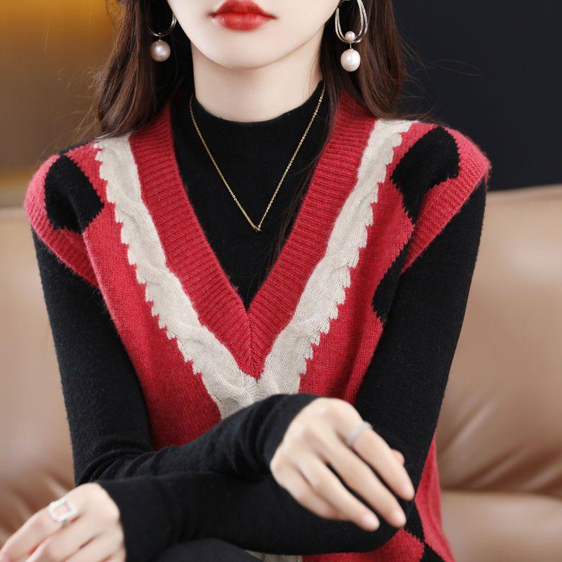 V-neck Contrasting Jacquard Vest for Women Autumn and Winter Sleeveless Sweater Pullover Loose Knit Sweater