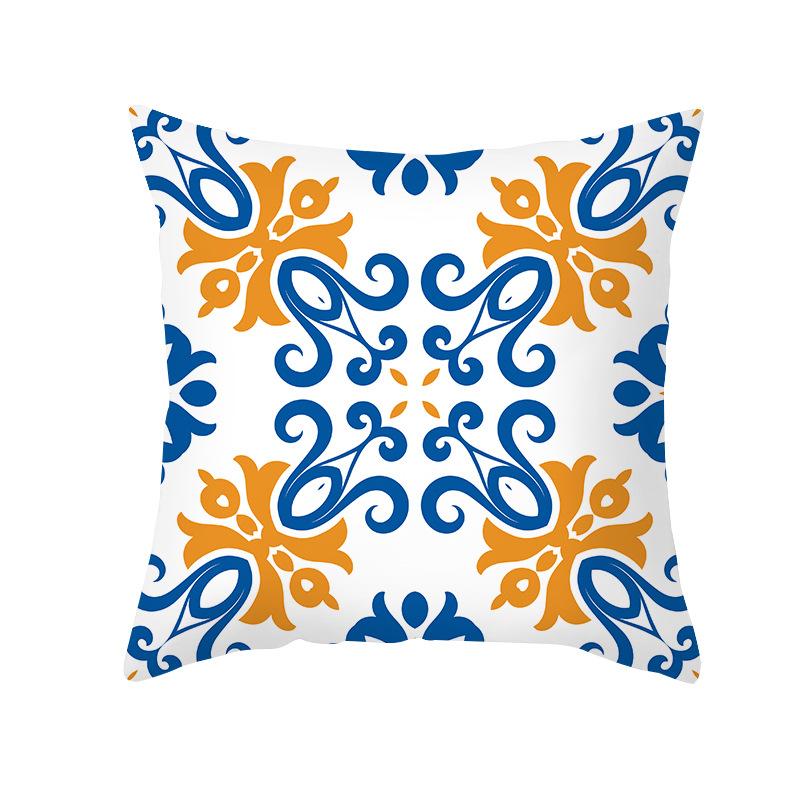 Ethnic Style Sofa Pillow Cover Blue Printed Peach Skin Pillow Cover Office Cushion
