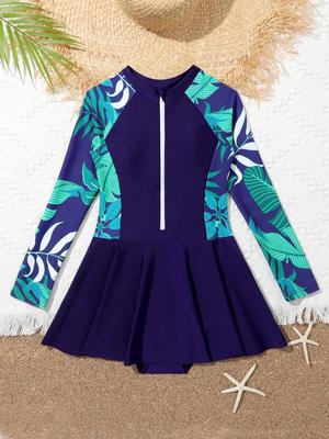 Kids Girls Swimsuit Long Sleeve  Printed Zippered Swimwear Bathing Suit Rash Guard Bodysuit Beach Wear