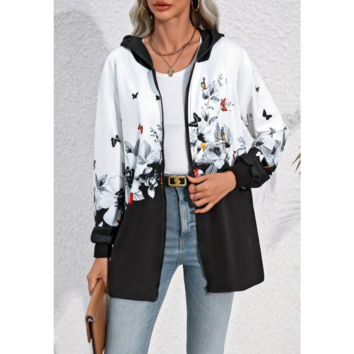 

New European American Style Women s Hooded Zip-up Jacket, Butterfly Floral Patchwork Mid-length Printed Coat S чёрный