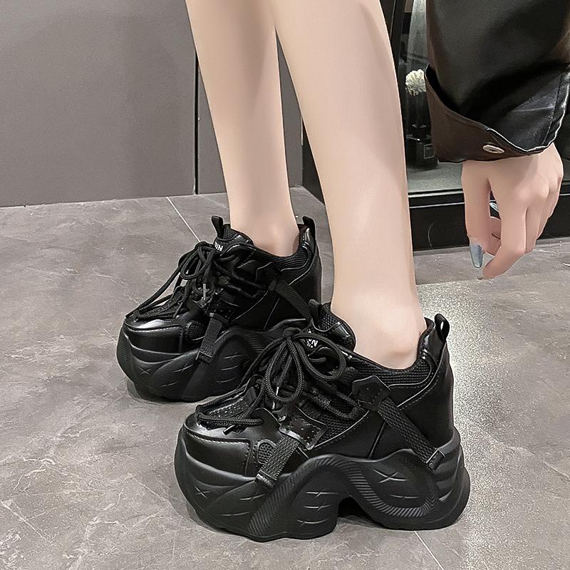 Módní dámské tenisky na vysoké platformě s protiskluzovou podrážkou, jarní vulkanizovaná obuv, 9,5 cm silná podrážka, kožené ležérní boty, robustní sportovní tenisky pro tátu