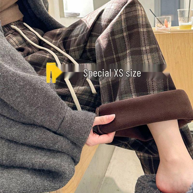 145cm Petite Plaid Wide-Leg Pants for Women – Autumn/Winter High-Waisted Drape Style