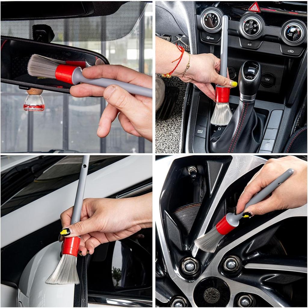 Detailing Brush Set - 5 Different Sizes Premium Natural Boar Hair Mixed Fiber Plastic Handle Automotive Detail Brushes for Cleaning Wheels, Engine,