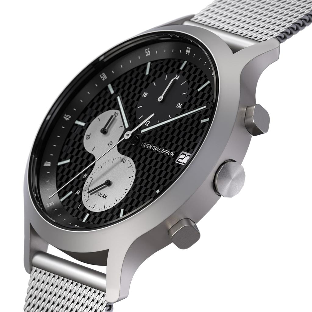 Lilianthal Berlin Solar Chronograph Watch with Date Limited Made in Silver Men's Display, Edition, Germany, C01-LE-SLR-3-B023A,