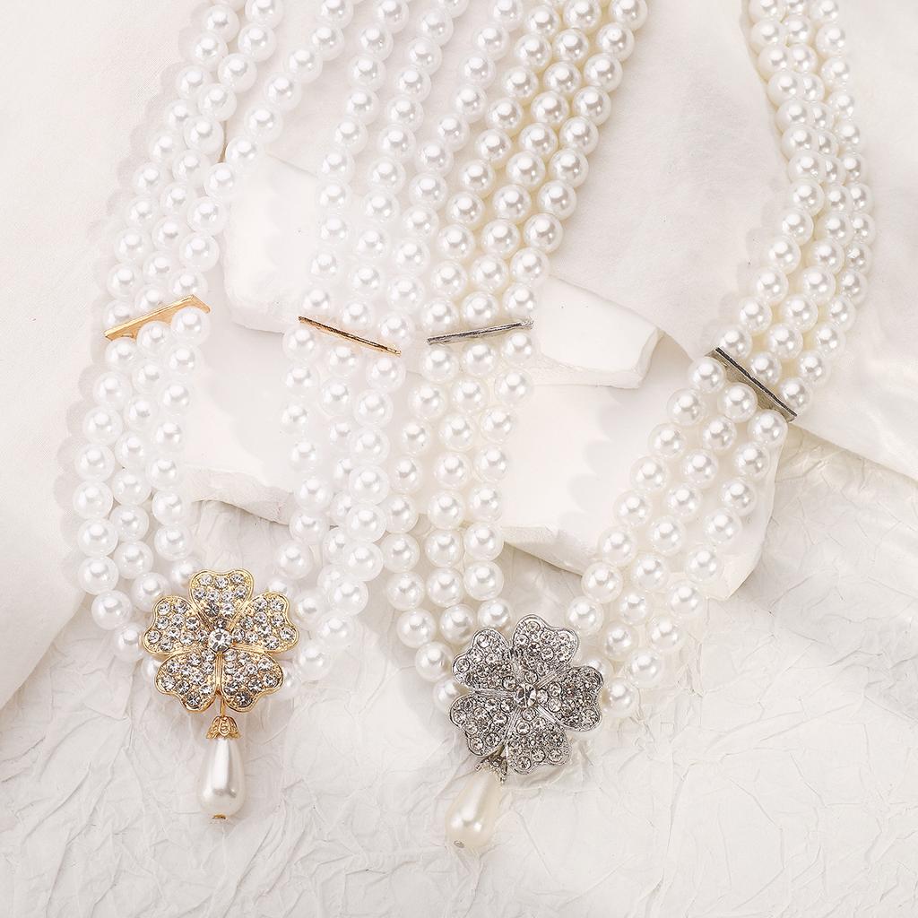 Tooxika French Temperament Flowers And Diamonds Accessories White Pearl Earrings Necklace Bracelet Set Of Three Bridal Jewellery