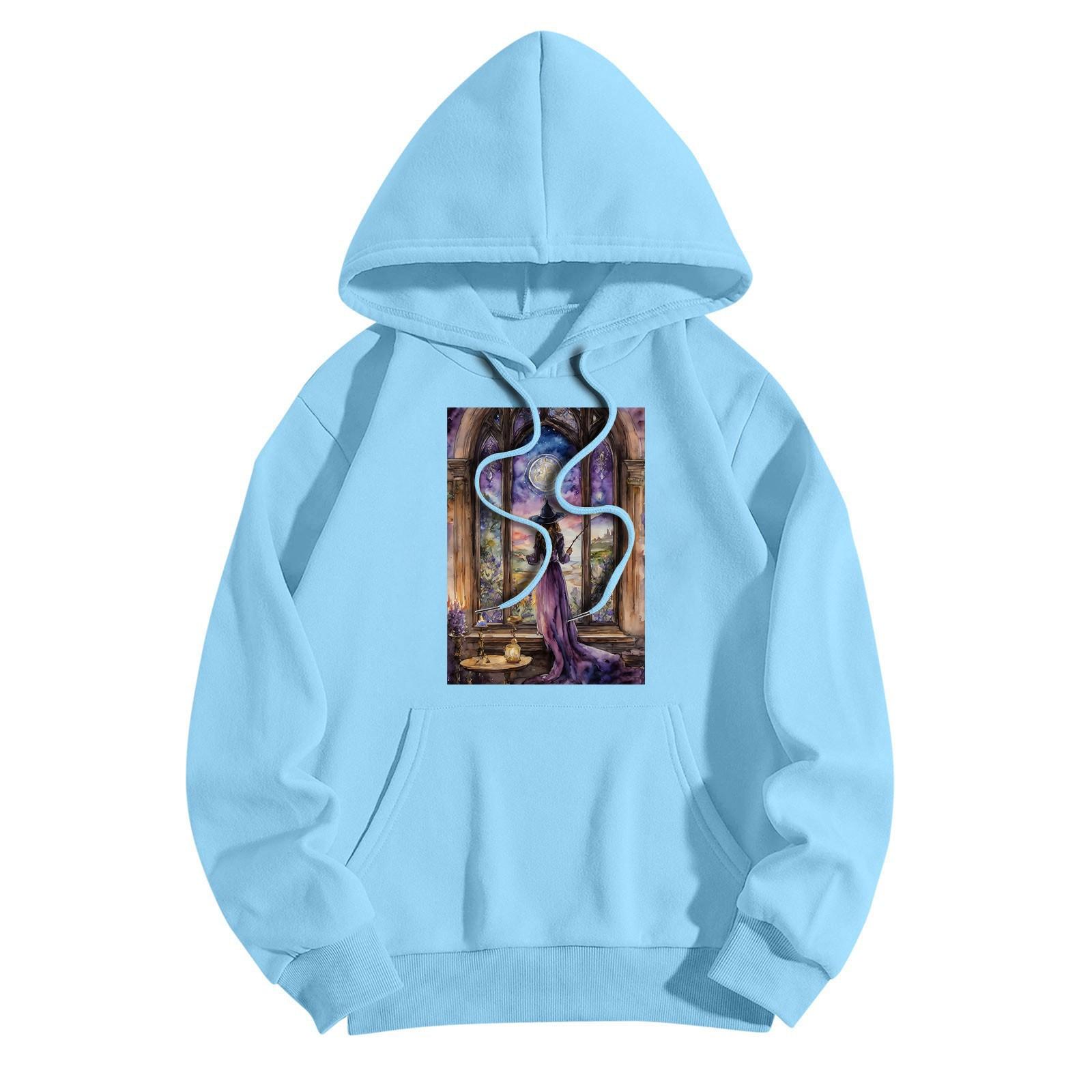 

Женская модная повседневная толстовка с капюшоном и принтом ведьмы на Хэллоуин с карманами и длинными рукавами M