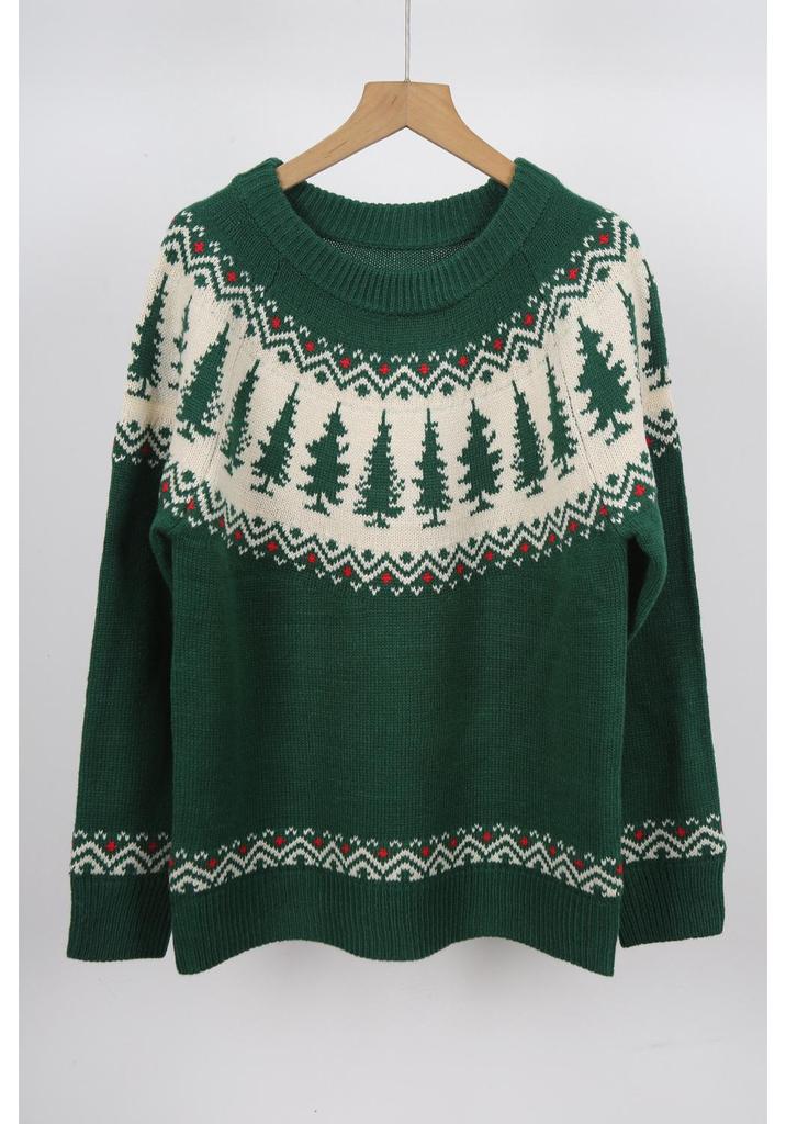Women's Green Jacquard Christmas Tree Sweater - Round Neck Pullover for Autumn and Winter
