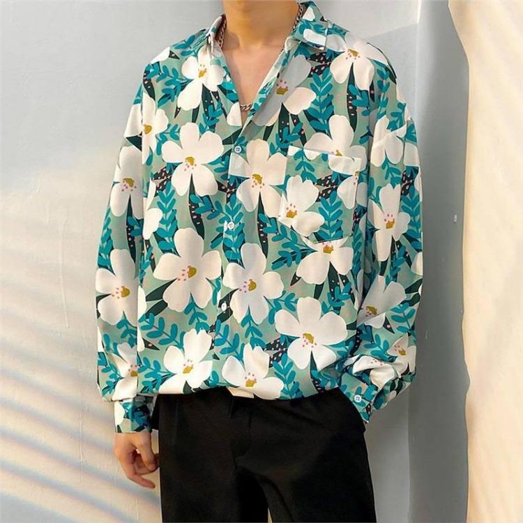 Retro Hong Kong Style Men's Floral Shirt Casual All-Match Jacket Japanese Korean Style Trendy Spring Autumn Fashion