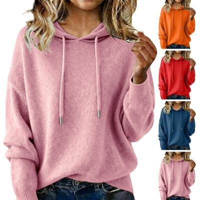 Women Sweater Adjustable Drawstring Knitted Sleeve Solid Color Hooded Pullover Tops Long Relaxed Fit Cozy Warm