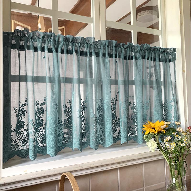 Short Curtain Floral Printed Window Curtains Lace Half Tulle Shade Decorative Curtain for Living Room Bedroom Door Window Decor