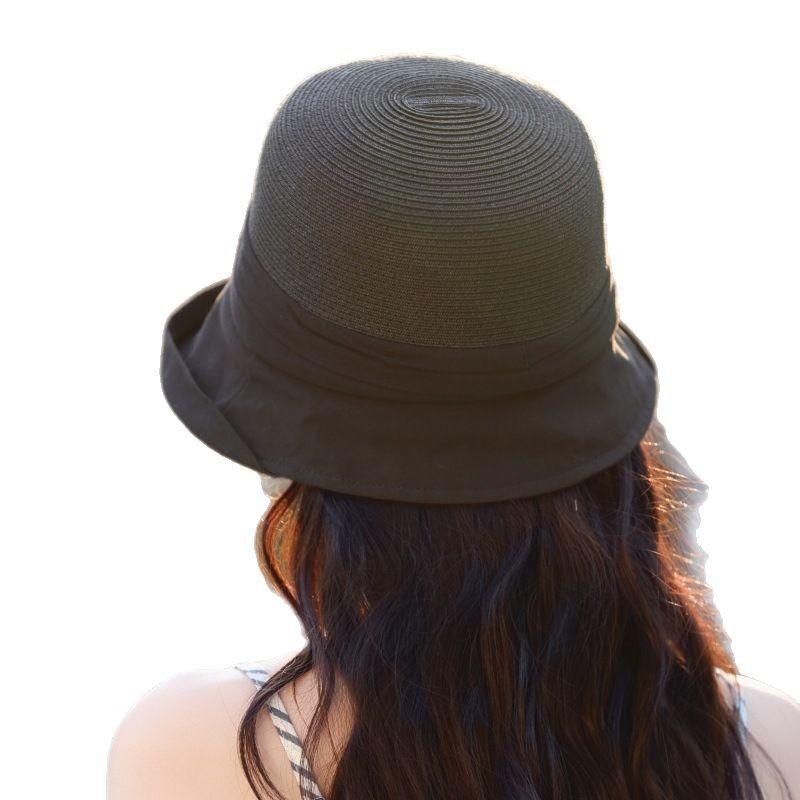 Elegant Straw Splicing Sunshade Bucket Hat Women Travel Beach Straw Hat Outdoor Sun Hat
