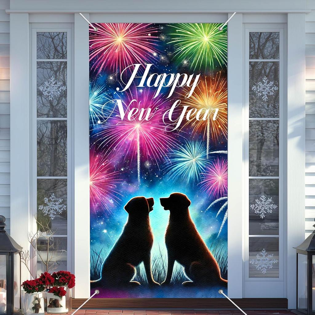 IVN 71x35 Inch Happy New Year 2026 Banner Door Cover New Years Eve Party Backdrop Black Gold Balloons Gift Box Polyester Fabric Front Door Porch