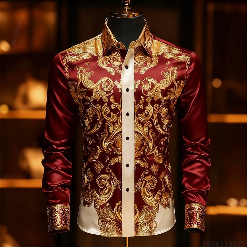 Camisa de Hombre de Manga Larga Estampada en 3D de Lujo, Camisa de Vestir Ajustada con Patrón Dorado Barroco, Camisa de Hombre para Banquetes de Negocios