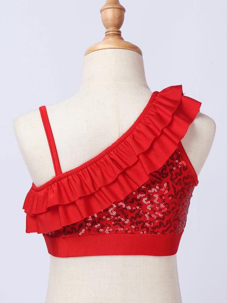 Kids Girls Dance Crop Top Asymmetrical Shoulder Straps Sleeveless Sequins Ruffle Tops Ballet Jazz Dance Stage Performance Wear