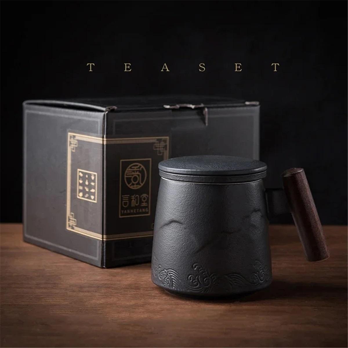 

Beautiful Tea Mugs Ceramic Vintage Tea Coffee Cup Beer Large Mug with Infuser Lid Wooden Handle Tableware Personalized Gifts 301-400ml-A