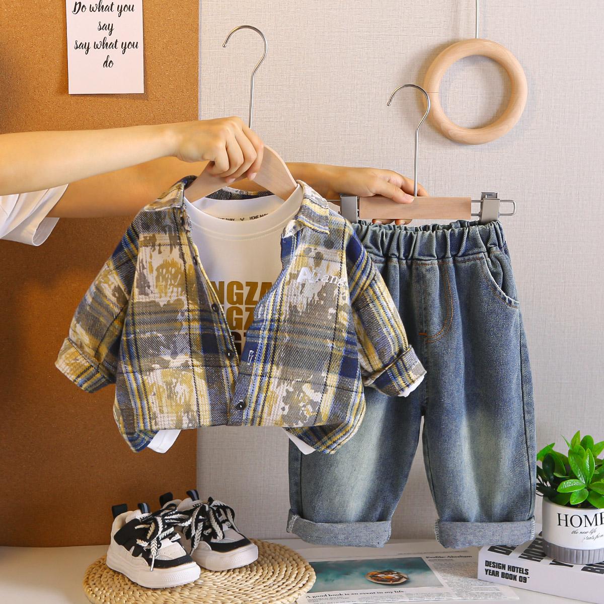 

Комплект из трех предметов с длинным рукавом для мальчиков 0-5 лет, осенне-зимняя рубашка-куртка в полную клетку, детский повседневный комплект XXL жёлтый