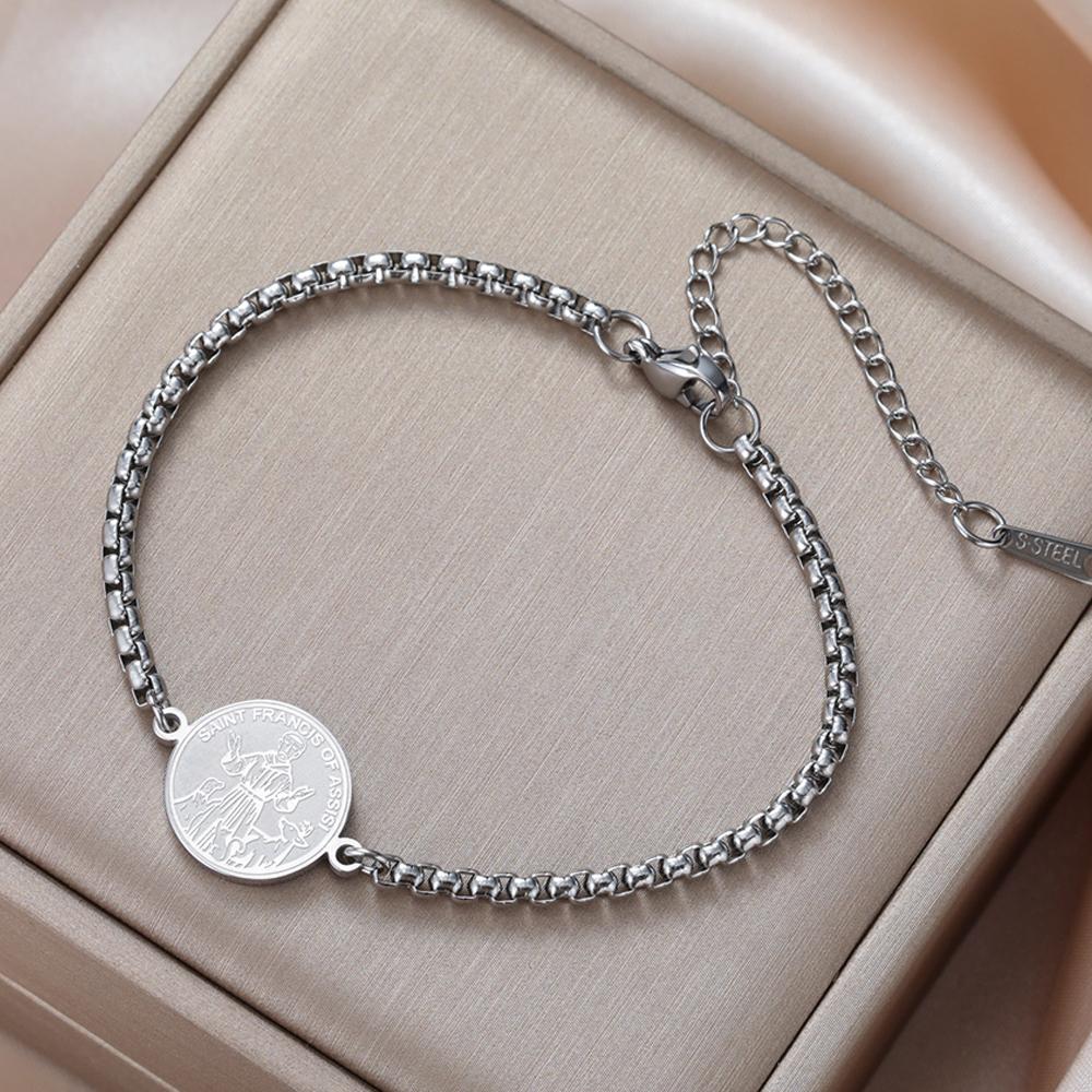 Dawapara Saint Francis of Assisi Coin Bracelet Catholic Patron Animal Advocate Gifts Stainless Steel Charms Religious Jewelry
